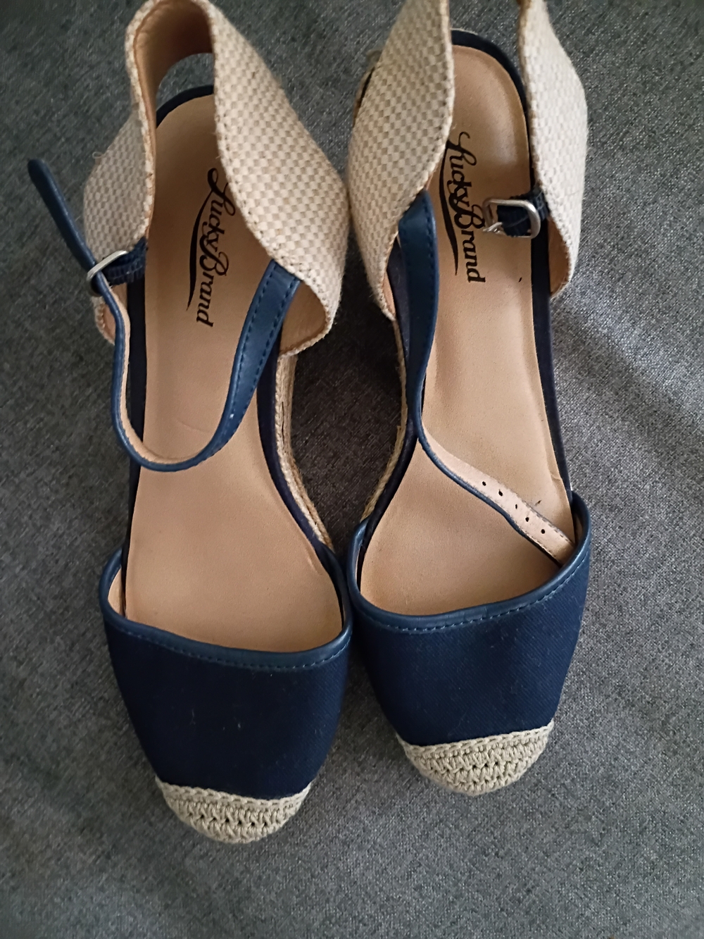 Lucky Brand Navy and Cream Espadrille Slingback Wedges Size 9